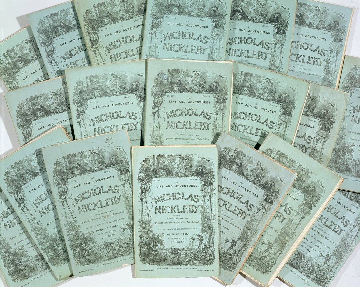 Capas das edições mensais da vida e aventuras de Nicholas Nickleby por Charles Dickens (1812-1870), publicado em 1839 (ver 136075) de English School