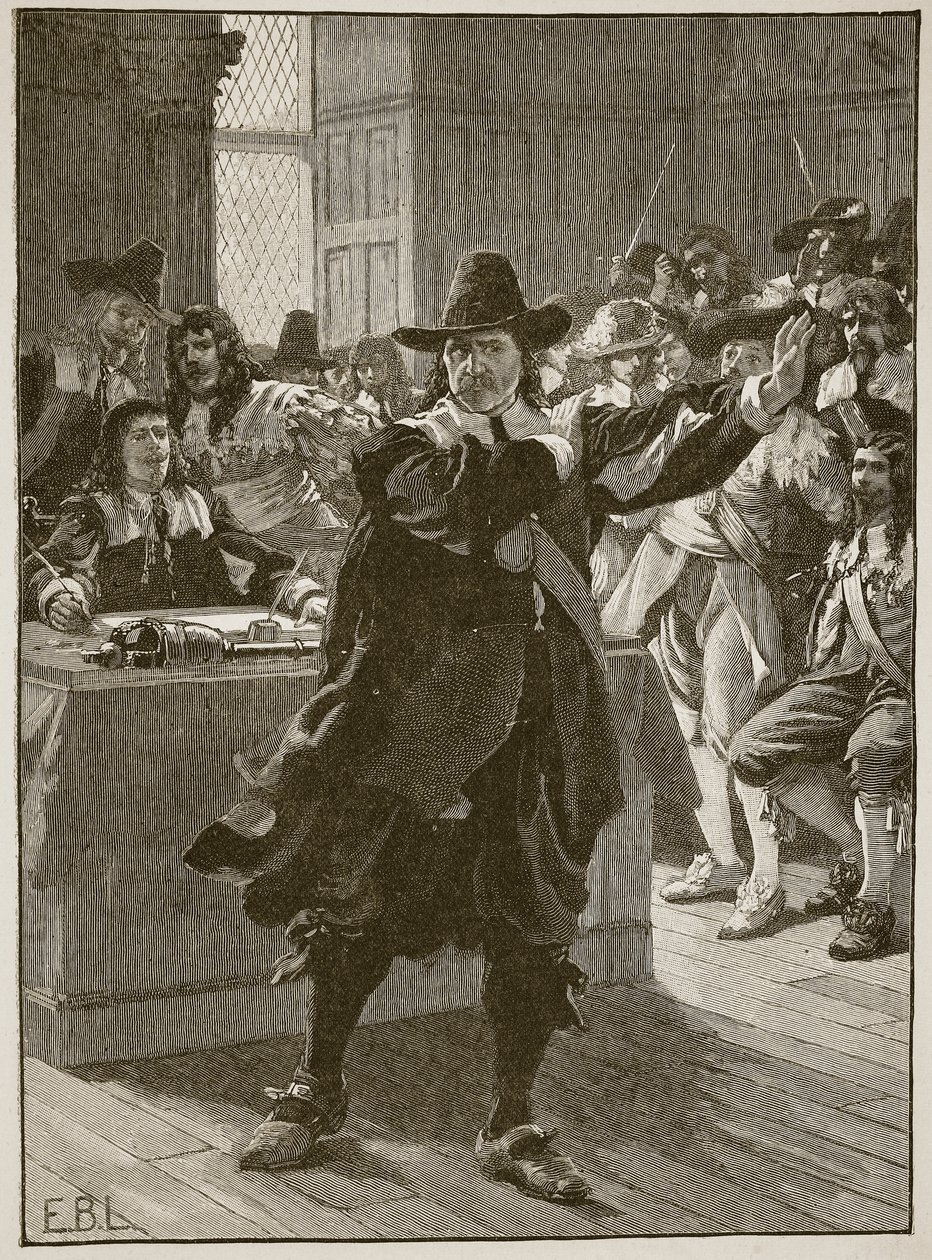 Cromwell dirigindo-se ao longo Parlamento pela última vez, ilustração de Cassells Illustrated History of England (foto em sépia) de English School