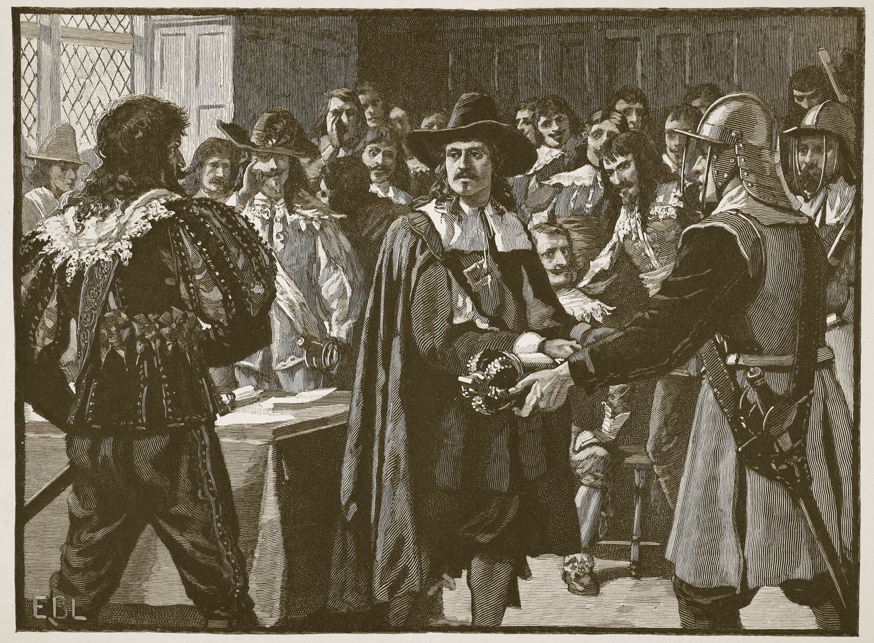 Cromwell dissolver o longo Parlamento, ilustração da história ilustrada de Cassells da Inglaterra (foto sépia) de English School