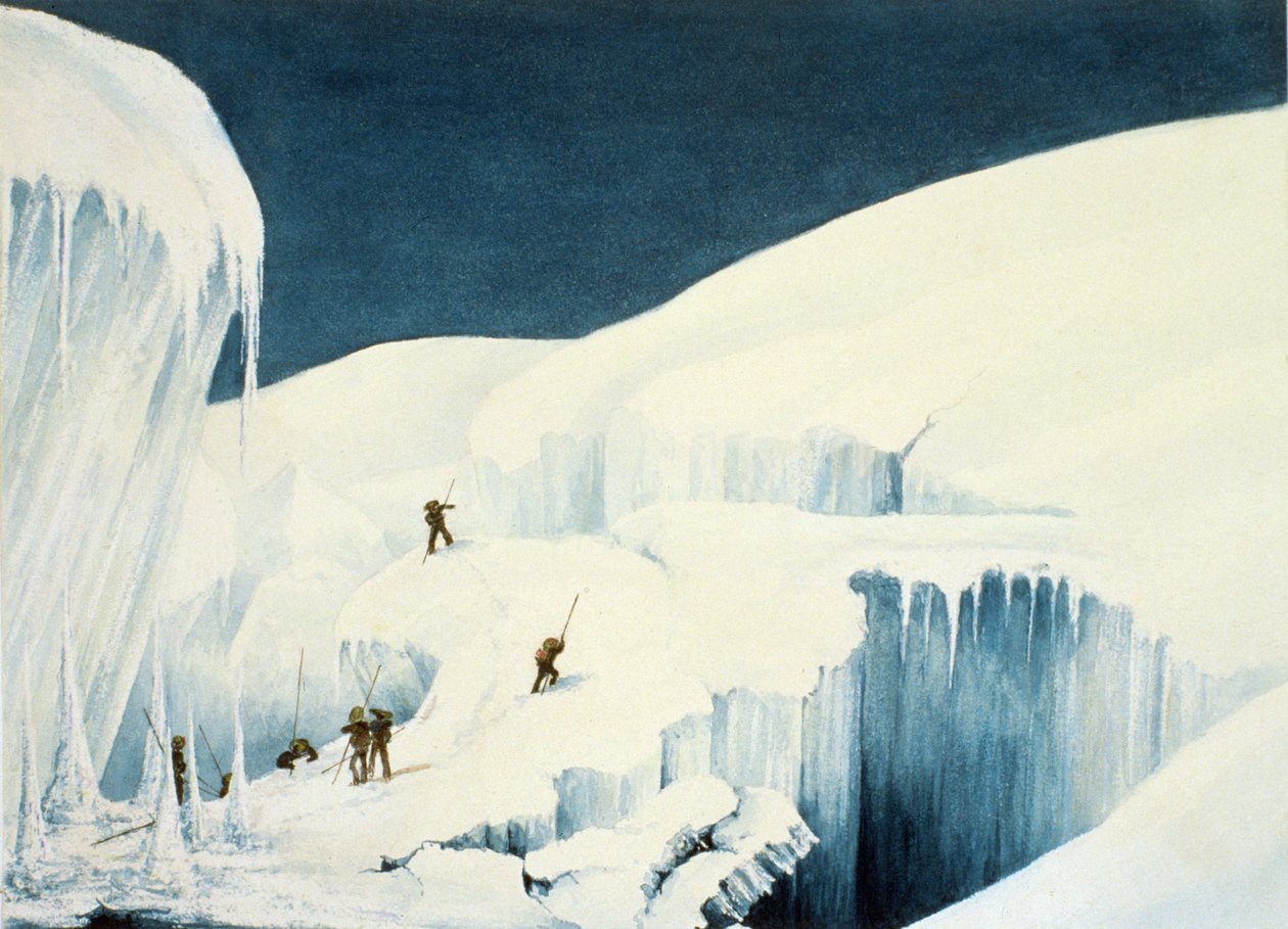Cruzando um Barranco, de Uma Narrativa de uma Ascensão à Cimeira do Mont Blanc por Charles Fellows (1799-1860), publicado em 1827 de English School