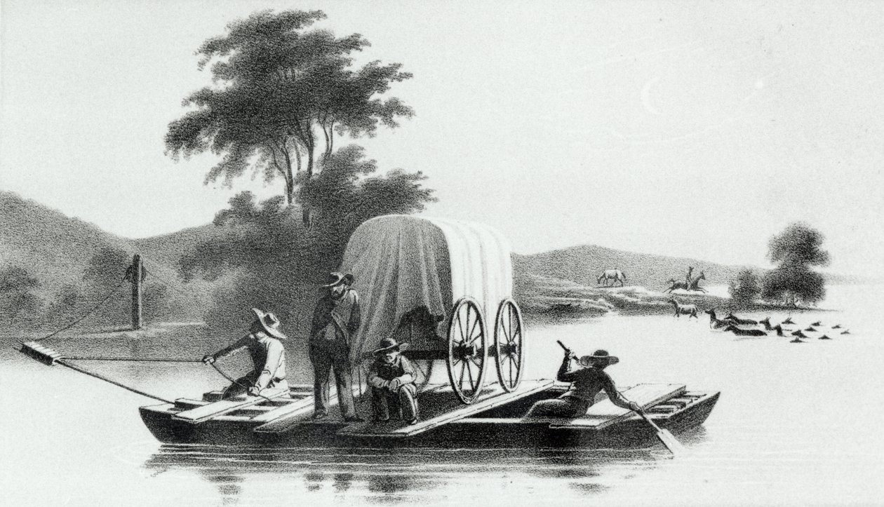 Cruzamento da boca Platte de Deer Creek, a partir de Exploração e Levantamento do Vale do Grande Lago Salgado de Utah por Howard Stansbury, publicado em 1852 de English School