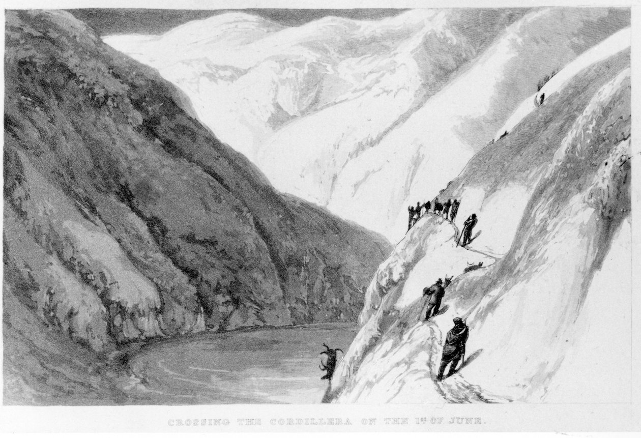 Cruzando a Cordilheira em 1 de junho, de Travels in South America por Alexander Caldcleugh, 1825 de English School