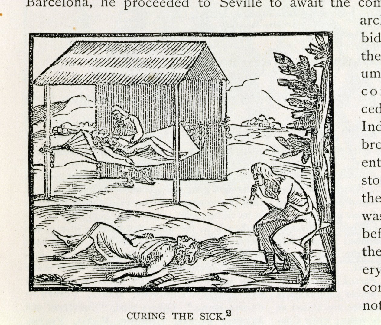 Cura do Doente, Nativos de Hispaniola, de "A História Narrativa e Crítica da América", editado por Justin Winsor, Londres, 1886 de English School