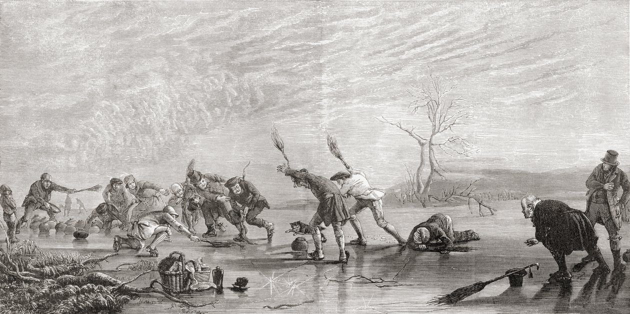 Curling no século 19, de "Fotos escocesas desenhadas com caneta e lápis", de Samuel G. Green, publicado em 1886 (lito) de English School