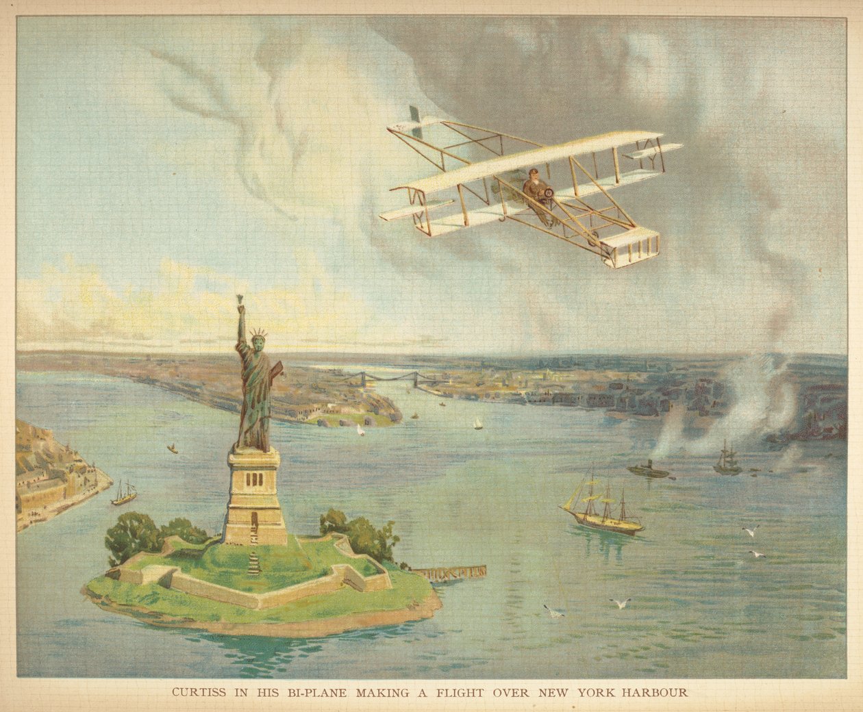 "Curtiss em seu biplano fazendo seu voo sobre o porto de Nova York." Londres: Ernest Nister, [1912] de English School