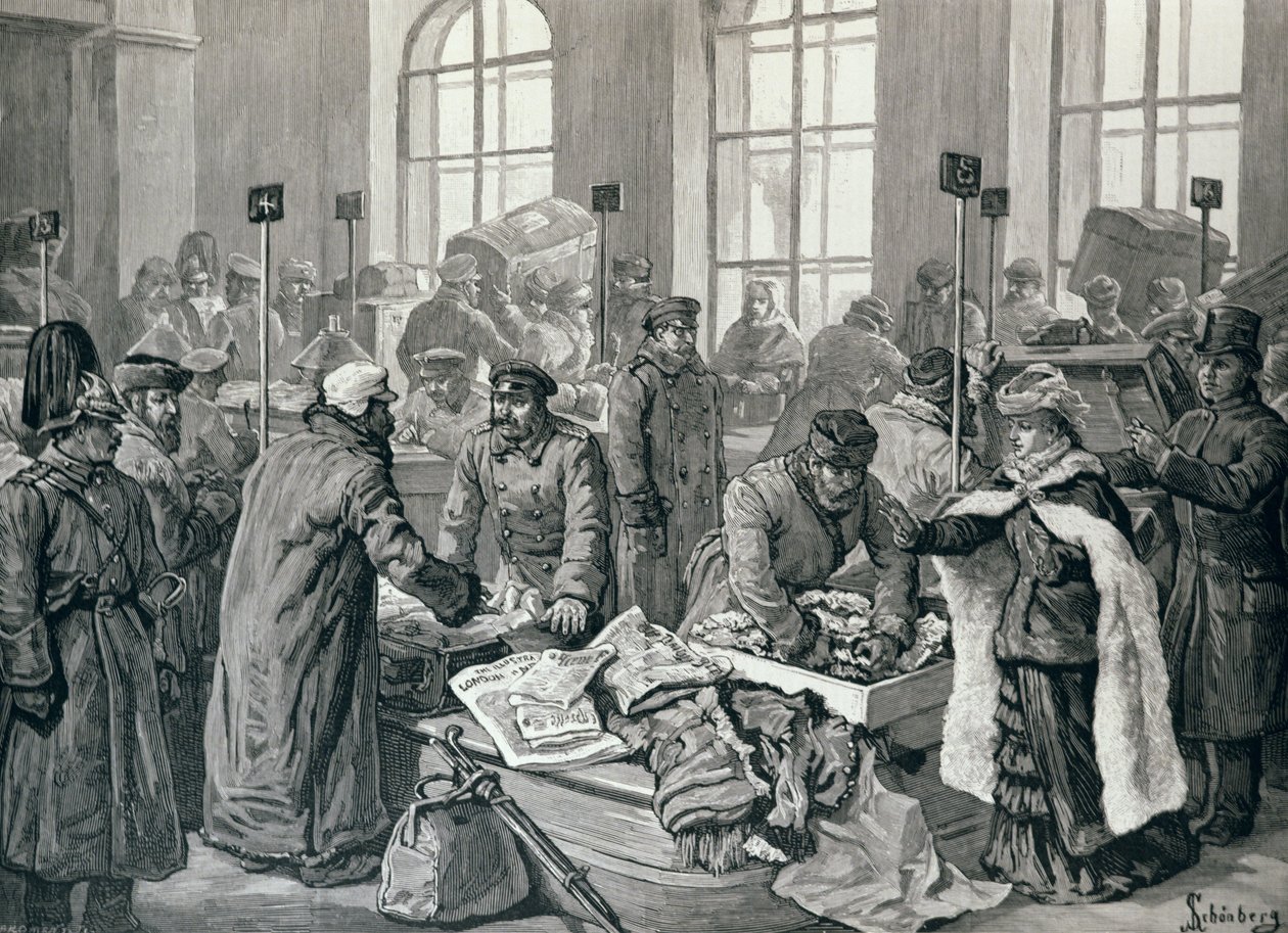 Oficiais da alfândega Examinando a bagagem de passageiros da Alemanha, em Wirballen, na fronteira russa, de "The Illustrated London News", 29 de janeiro de 1887 de English School