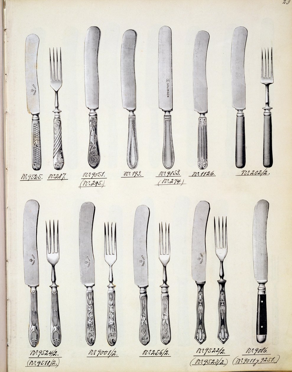 Desenhos de talheres, de um catálogo de produtos domésticos e acessórios, c.1890-1910 de English School