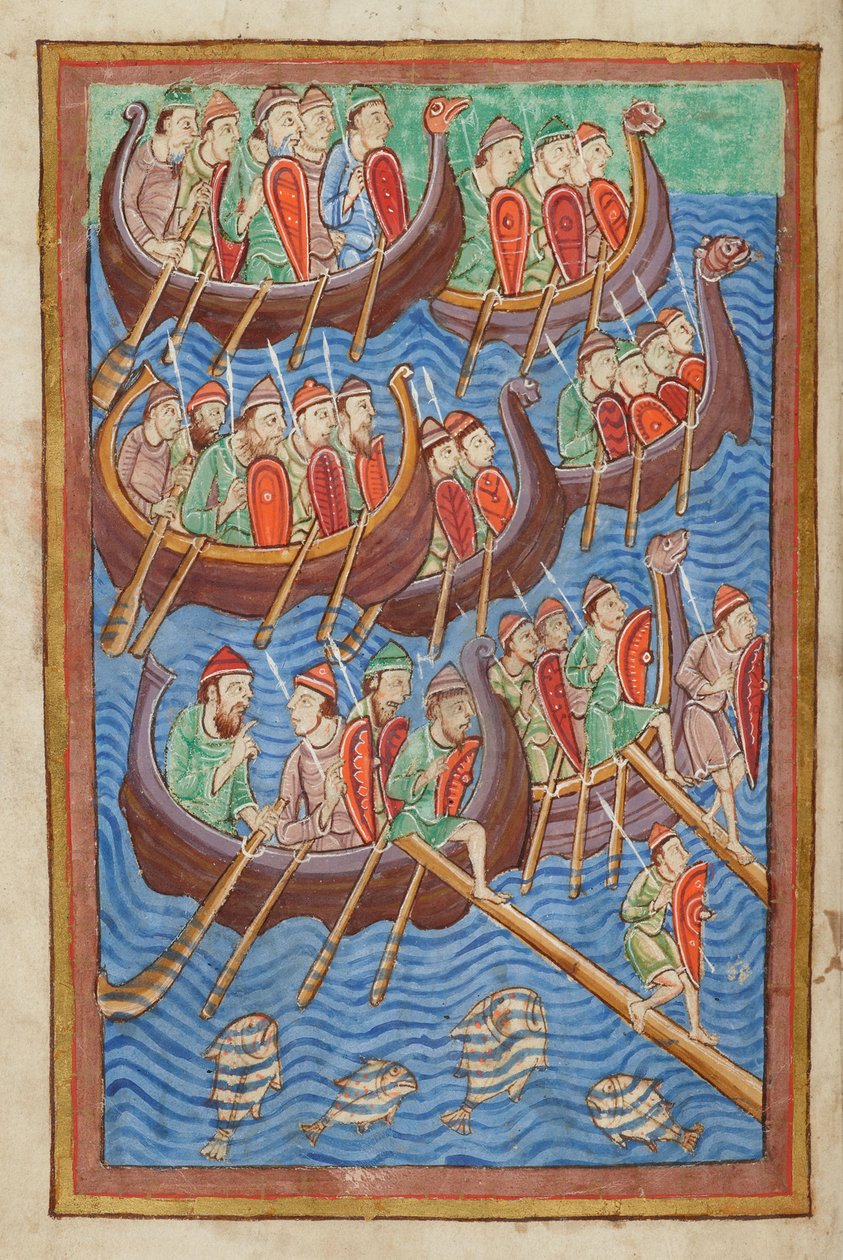Os dinamarqueses sob Hinguar e Hubba pousam na Grã-Bretanha, da Miscelânea sobre a vida de St. Edmund, Bury St Edmunds, c.1130 (velino) de English School