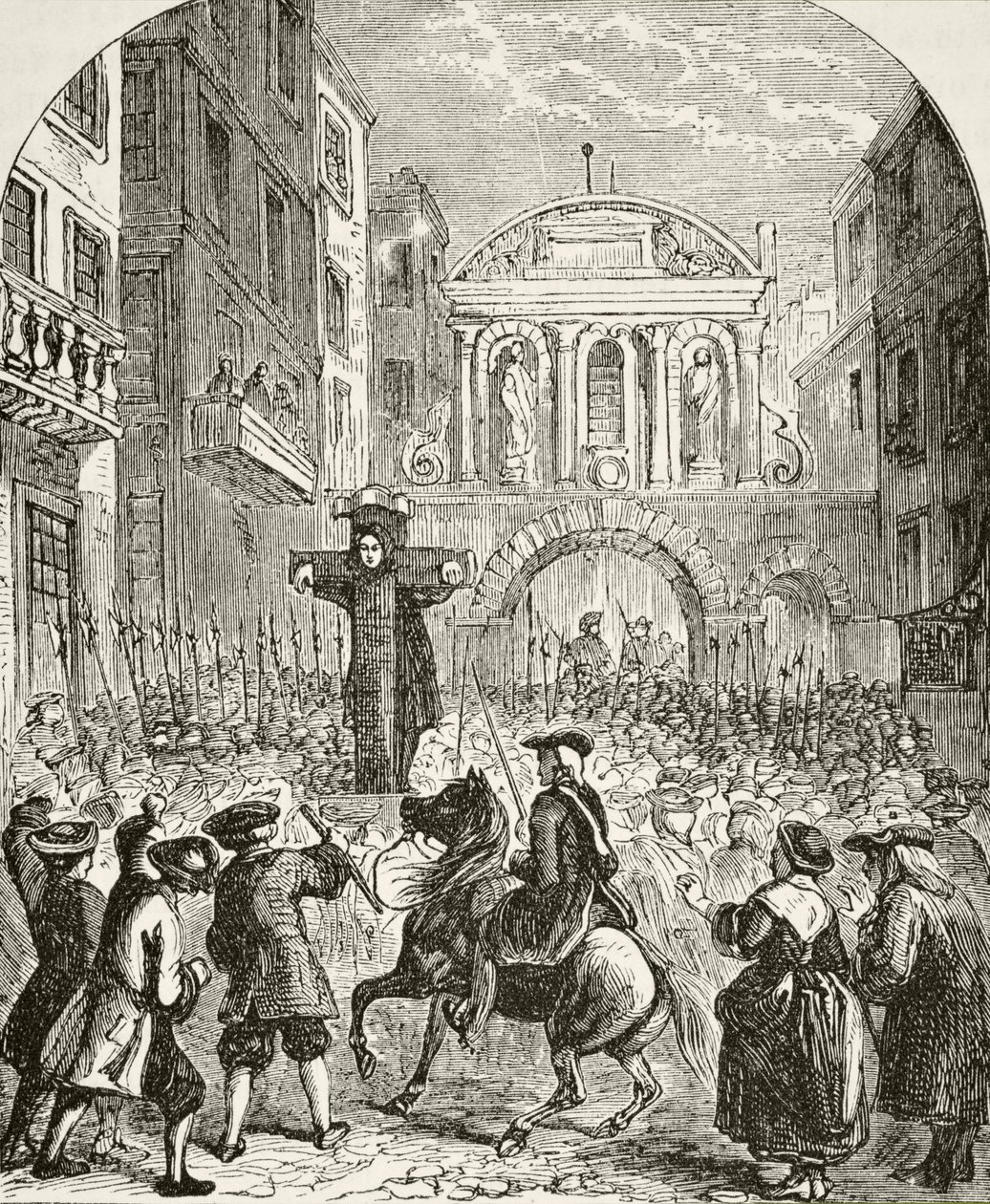 Daniel Defoe no pelourinho do Temple Bar, de "A História Nacional e Doméstica da Inglaterra", de William Hickman Smith Aubrey (1858-1916) publicou Londres, c.1890 de English School