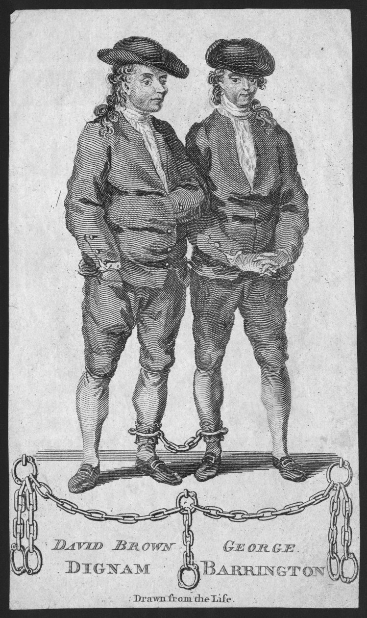 David Brown Dignam e George Barrington, ilustração da London Magazine, maio de 1777 de English School