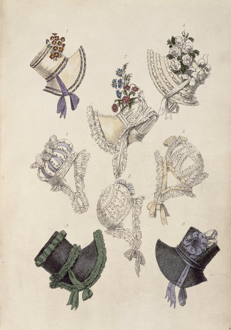 Chapéus de dia, gravura de moda de Ackermanns Repository of Arts de English School