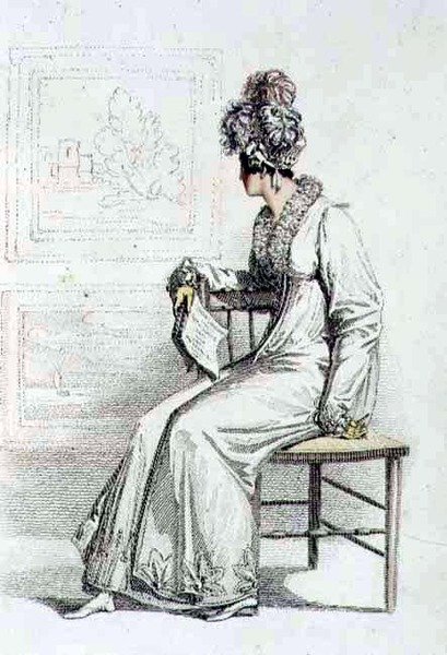 Vestido de dia, placa de moda do Repositório de Artes de Ackermann (gravura colorida) de English School