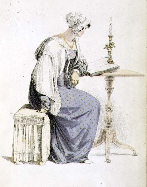 Vestido de dia, placa de moda do Repositório de Artes de Ackermann (gravura colorida) de English School