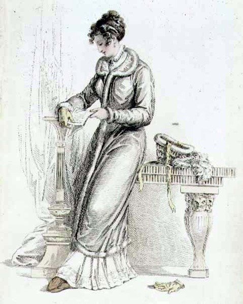 Vestido de dia, placa de moda do Repositório de Artes de Ackermann (gravura colorida) de English School
