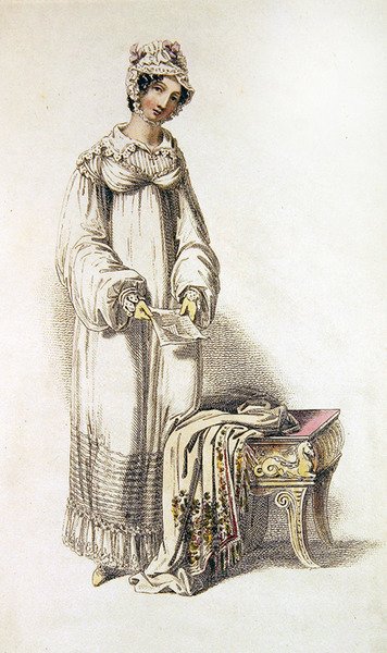 Vestido de dia, placa de moda do Repositório de Artes de Ackermann (gravura colorida) de English School
