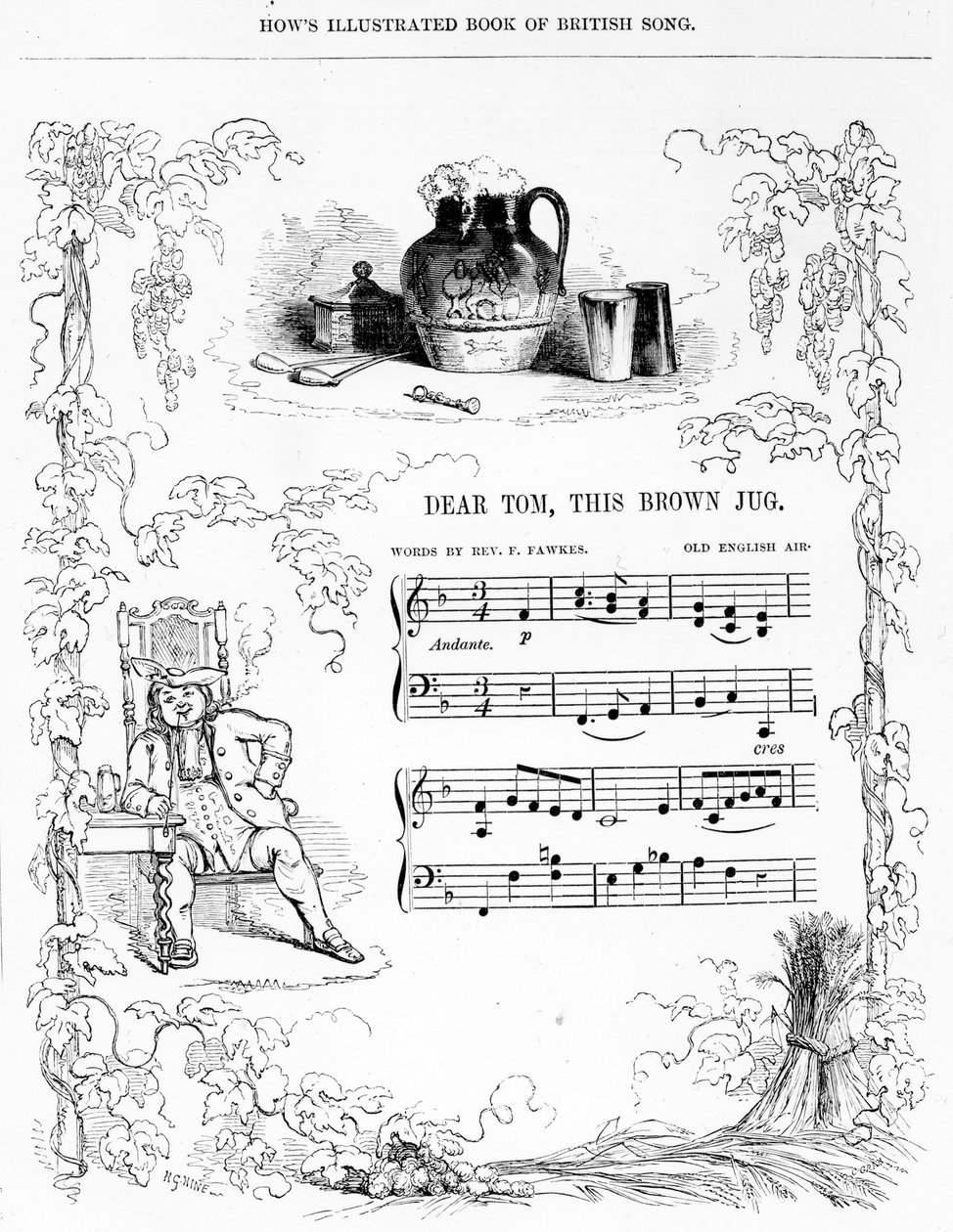 Caro Tom, This Brown Jug que agora espuma com cerveja suave ..., partitura do livro ilustrado de How&39;s of British song (litografia) de English School