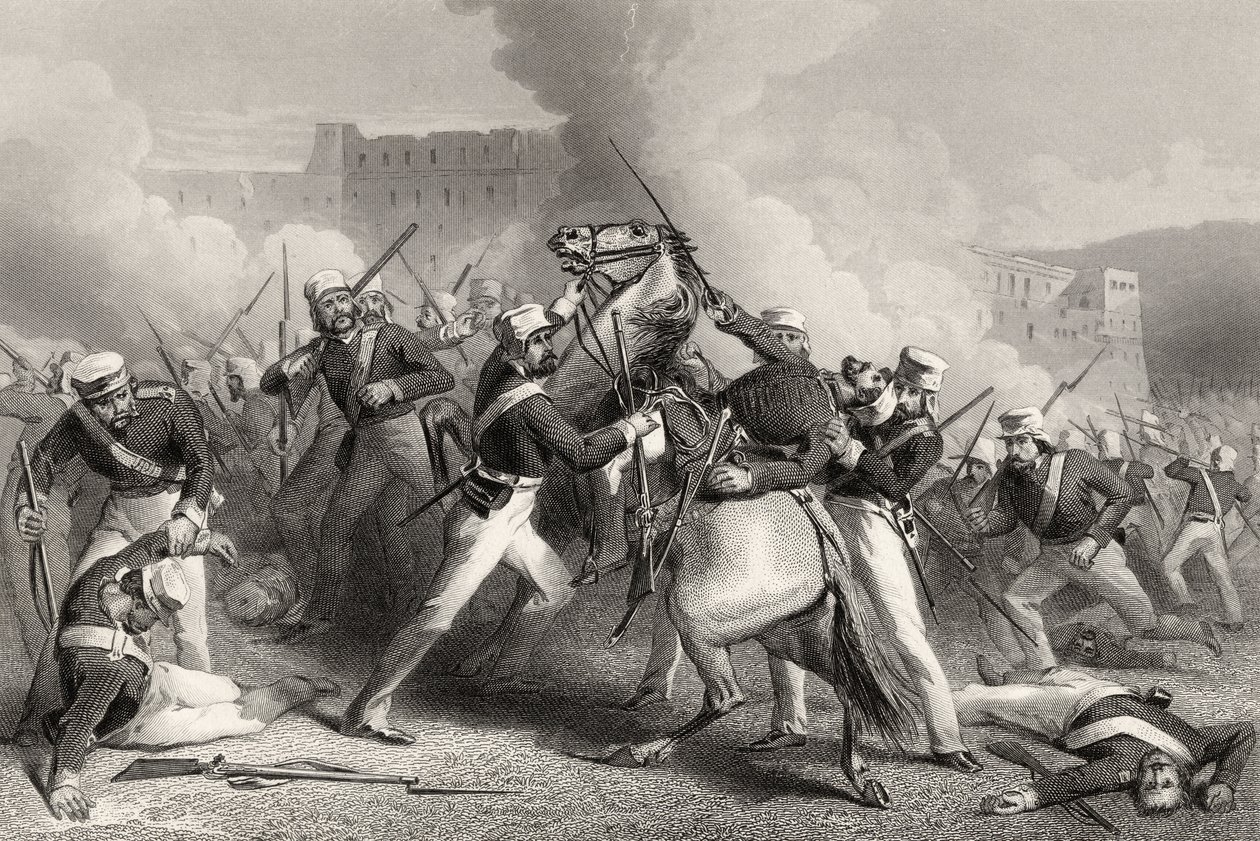 Morte do brigadeiro Adrian Hope no ataque ao Forte de Roodmow, em 15 de abril de 1858, de "A história do motim indiano" publicado em 1858 de English School