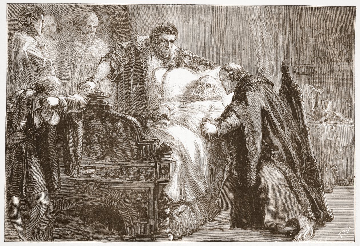 Morte de Frederico, o Sábio, Eleitor da Saxônia, ilustração da História do Protestantismo por James Aitken Wylie (1808-1890), pub. 1878 de English School
