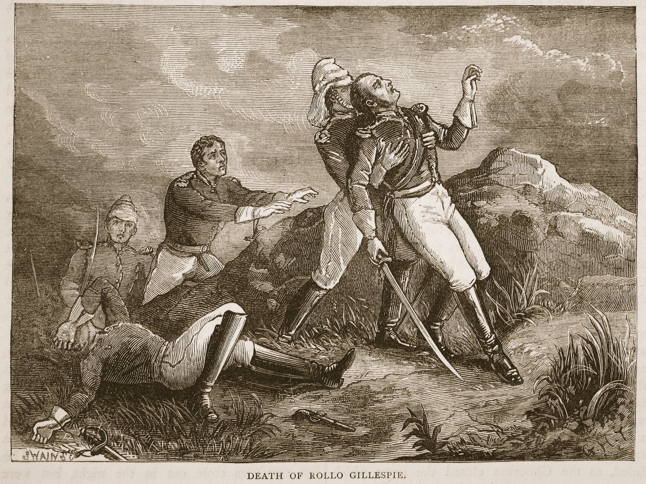 Morte de Rollo Gillespie, ilustração da história ilustrada de Cassells da Índia por James Grant, bar. 1879 de English School