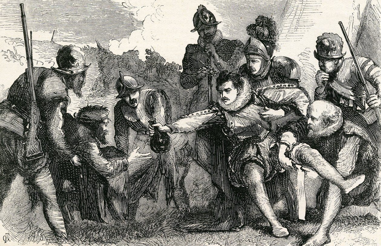 Morte de Sir Philip Sidney na Batalha de Zutphen, 1865 de English School