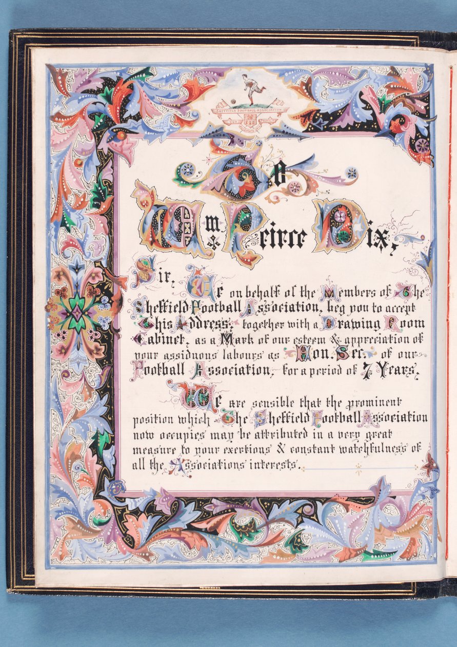 Dedicação de um discurso apresentado pela Sheffield Football Association a William Pierce-Dix na ocasião de sua aposentadoria como Secretário, 1882 (tinta no papel) (ver também 315163) de English School