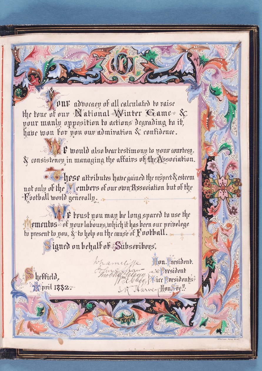 Dedicação de um discurso apresentado pela Sheffield Football Association a William Pierce-Dix na ocasião de sua aposentadoria como Secretário, 1882 (tinta no papel) (ver também 315162) de English School
