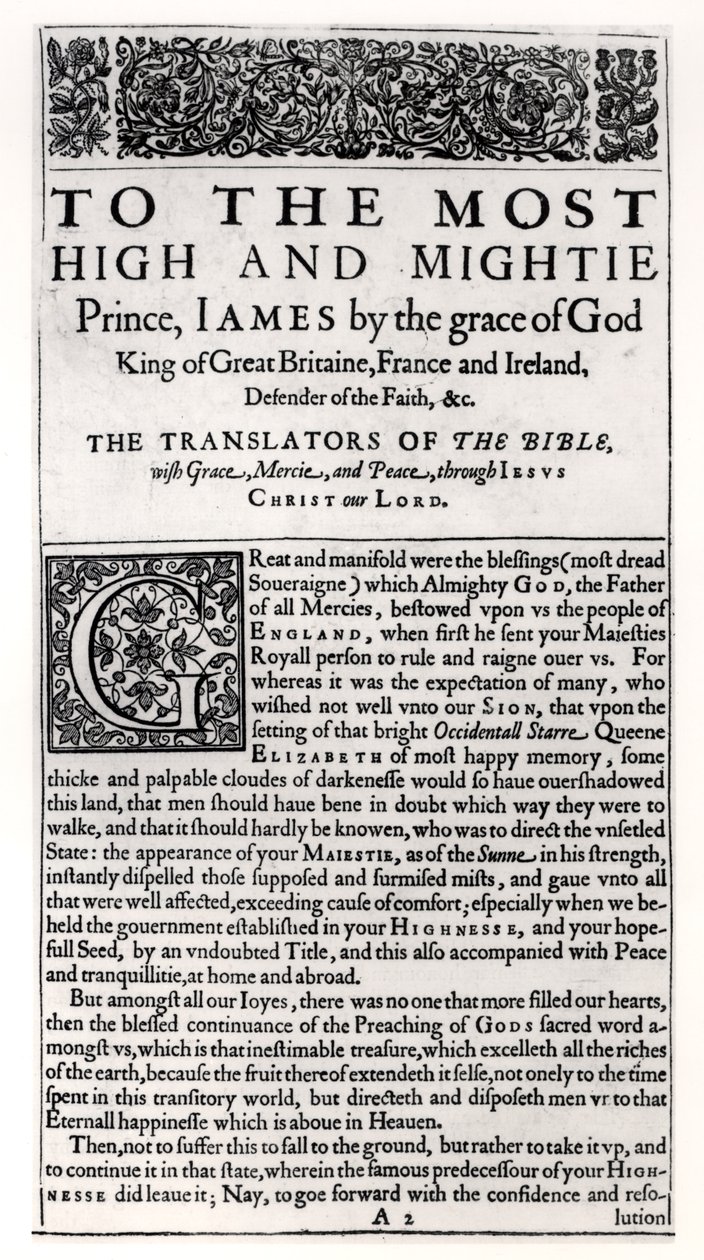 Página de dedicação na Bíblia Sagrada, pub. por Robert Barker, 1611 de English School