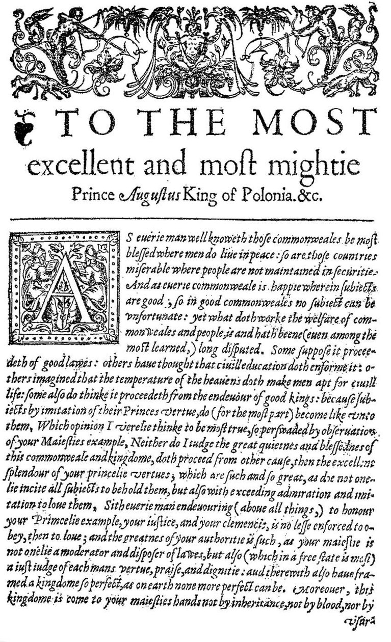 Dedicação ao rei da Polônia Sigismund II Augustus I em The Counselor, a primeira tradução em inglês de Wawrzyniec Grzyma A Go Lickis De optimo senatore, 1598 (print) de English School