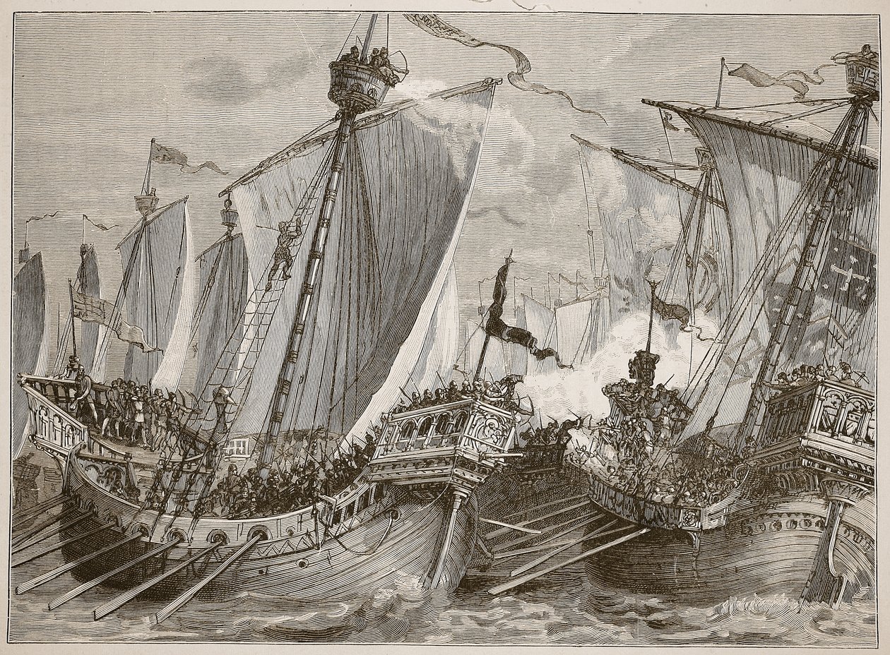 Derrota da frota francesa no Canal da Mancha, ilustração de Cassells Illustrated History of England (foto em sépia) de English School