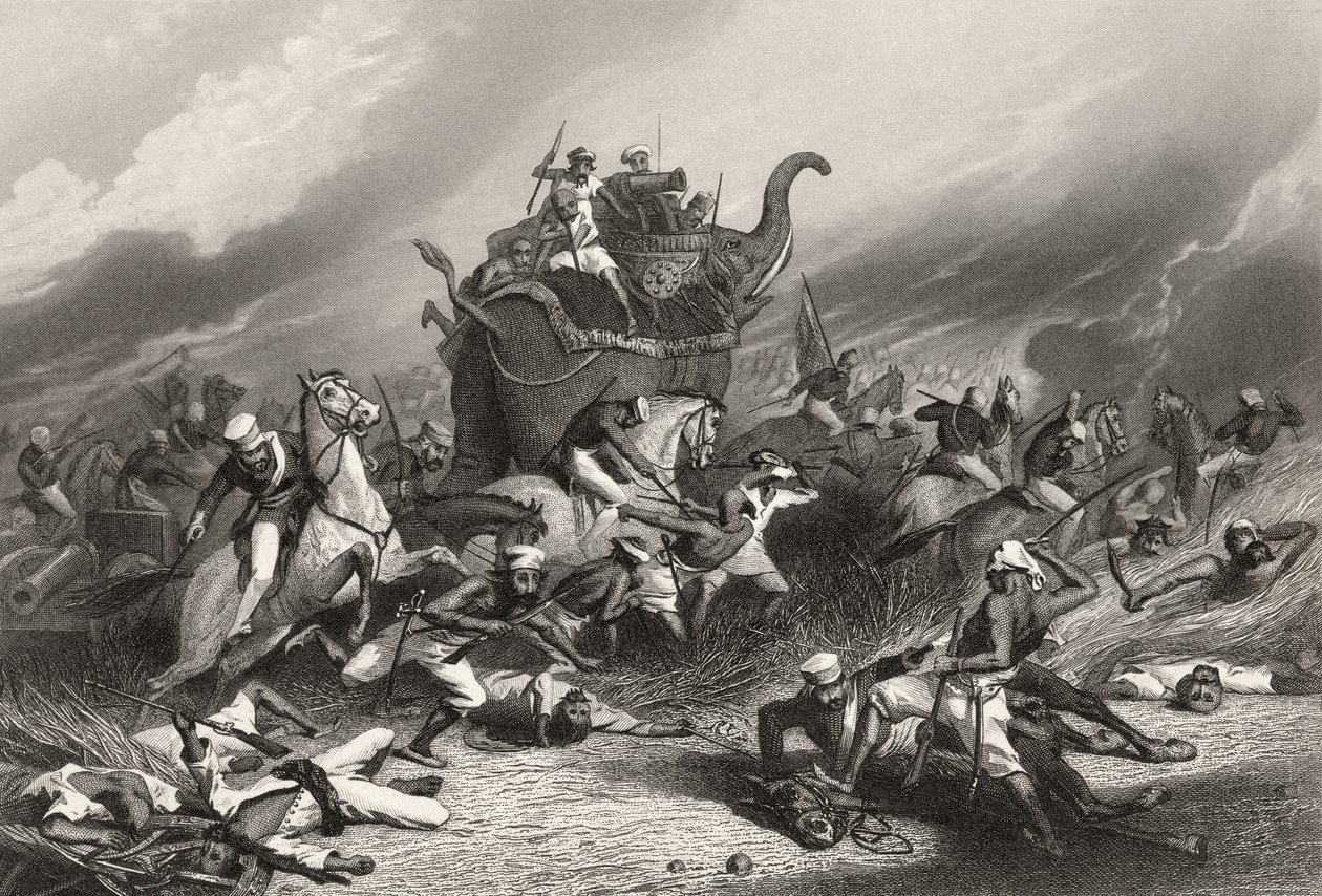 Derrota do exército Peishwas antes de Jhansi pelo General Rose em 1º de abril de 1858, de "A História do Motim Indiano", publicada em 1858 de English School