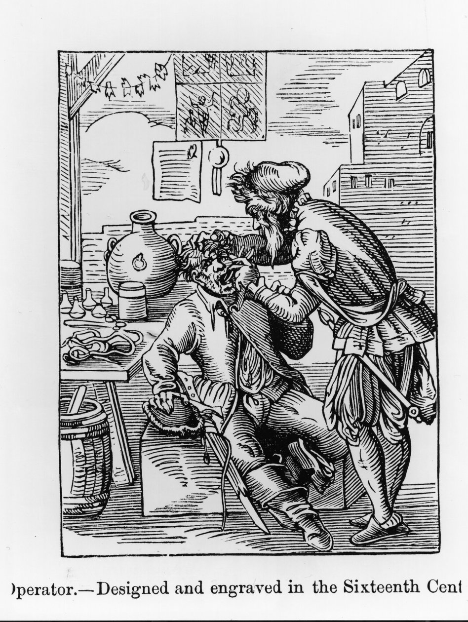 Operador Odontológico, ilustração de &39;Ciência e Literatura na Idade Média e Renascença&39;, escrita e gravada por Paul Lacroix, 1878 (gravura) (foto bw) de English School