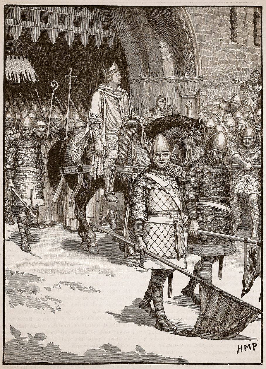 Partida do Bispo Odo de Rochester, ilustração da História Ilustrada de Cassells da Inglaterra (foto sépia) de English School