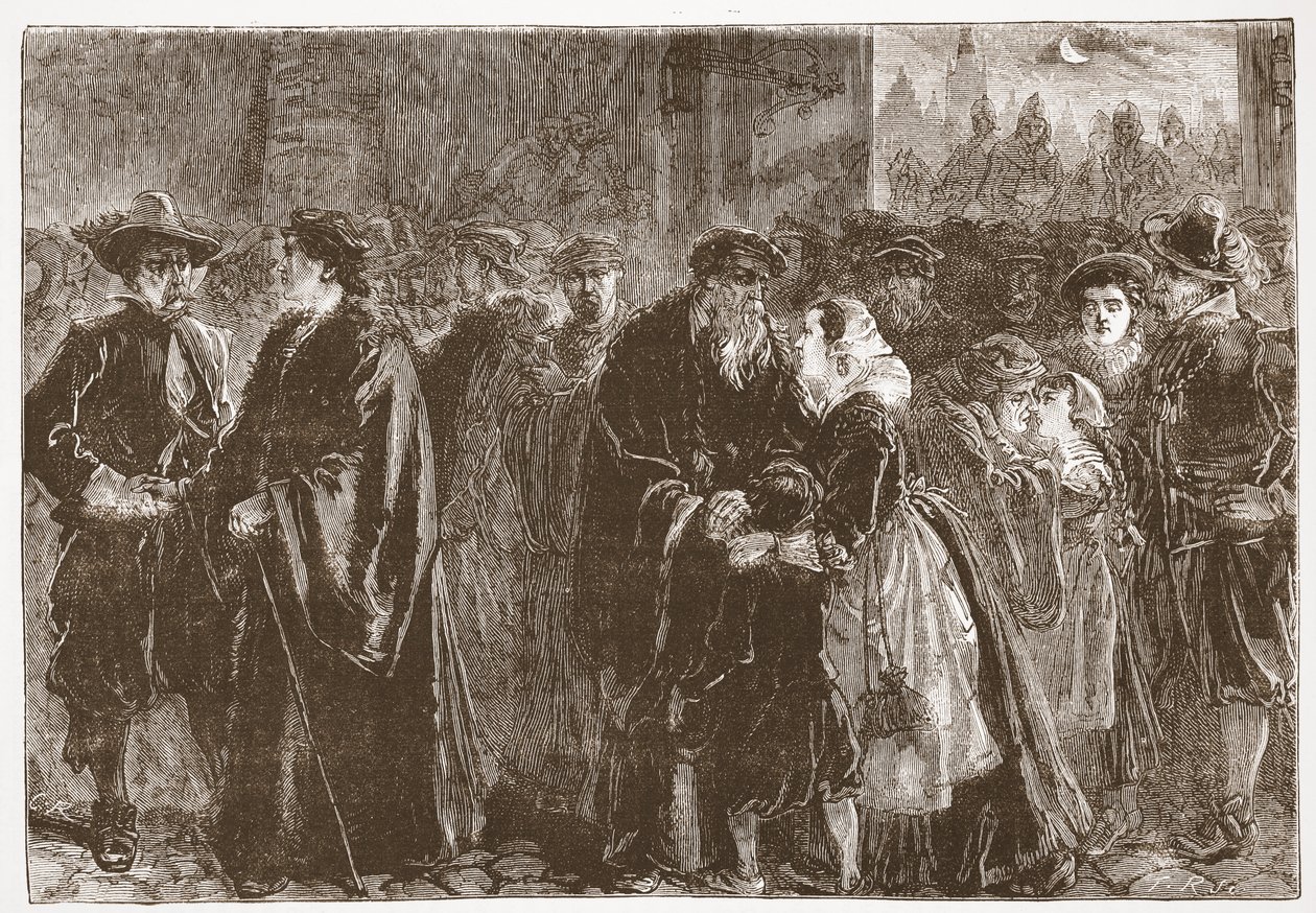 Partida dos ministros banidos de Kuttenberg, ilustração de A História do Protestantismo por James Aitken Wylie (1808-1890), pub. 1878 de English School