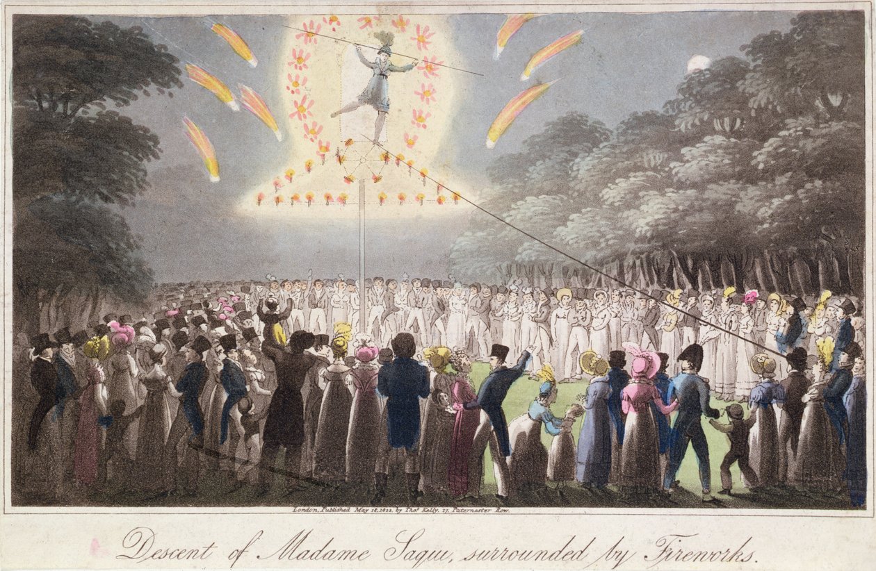 Descendência de Madame Saqui, rodeada de fogos de artifício, publicado por Thomas Kelly (fl.1820-55) Londres de English School