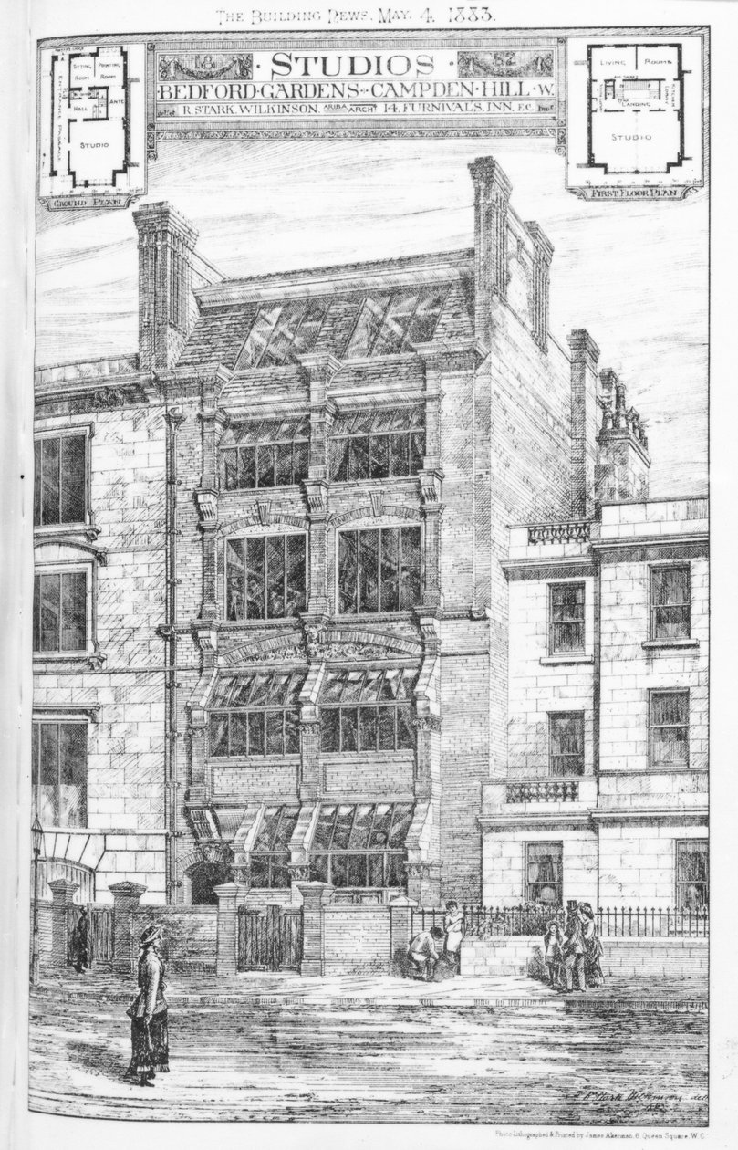 Projeto para estúdios em Bedford Gardens, Campden Hill, Londres, de &39;The Building News&39;, 4 de maio de 1883 de English School