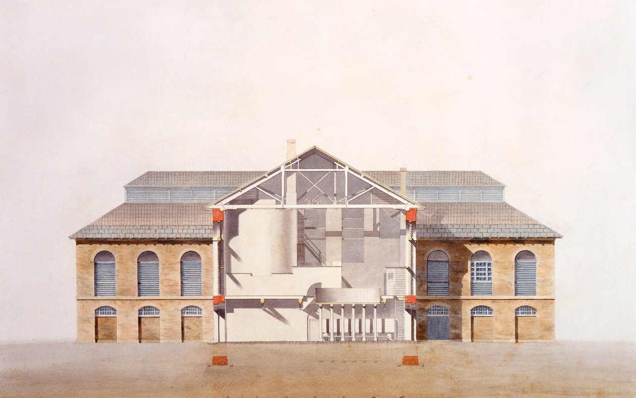 Design para o Stag Brewhouse, desenho original do manuscrito dos escritórios de George Saunders, c.1807 (lápis, wc e caneta e tinta no papel) de English School