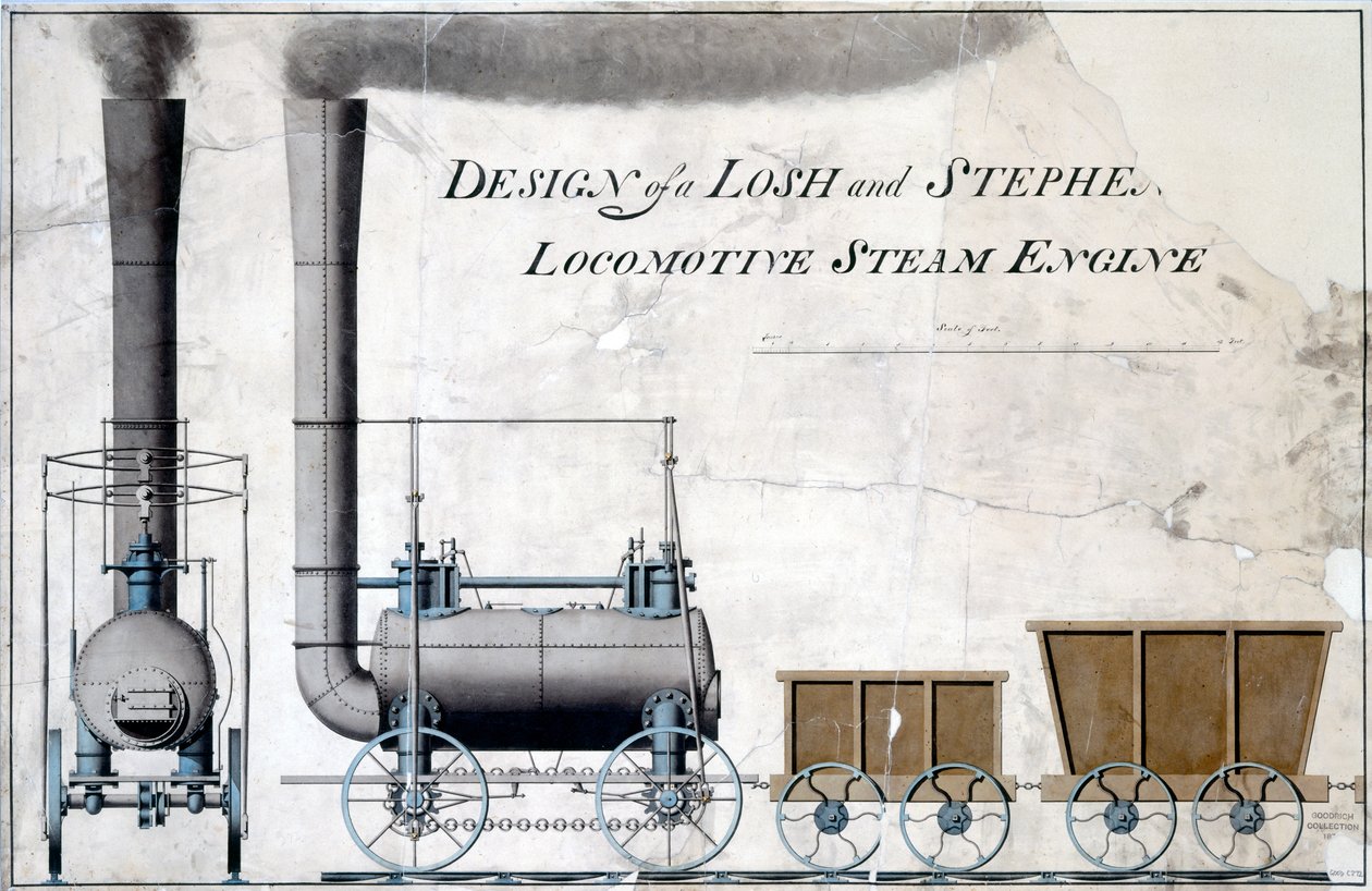 Desenho de um motor a vapor Losh and Stephenson Locomotive, c.1826 (caneta e tinta e lavagem em papel) de English School