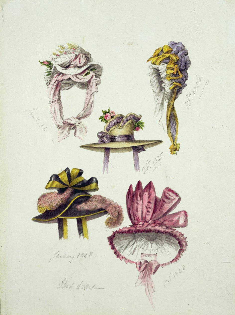 Designs for Regency Hats, 1828 (wc com lápis sobre papel) de English School