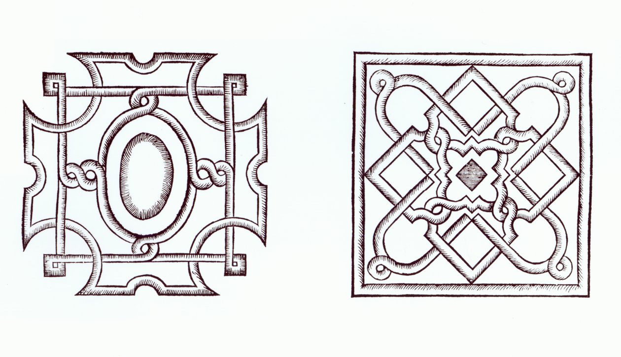 Desenhos para um jardim de nó, do The Country Housewifes Garden, de William Lawson, publicado em 1638 de English School