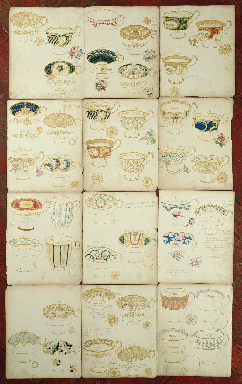 Desenhos para xícaras produzidas na Daniel Factory, Staffordshire, c.1845 (guache, wc e tinta sobre papel) de English School