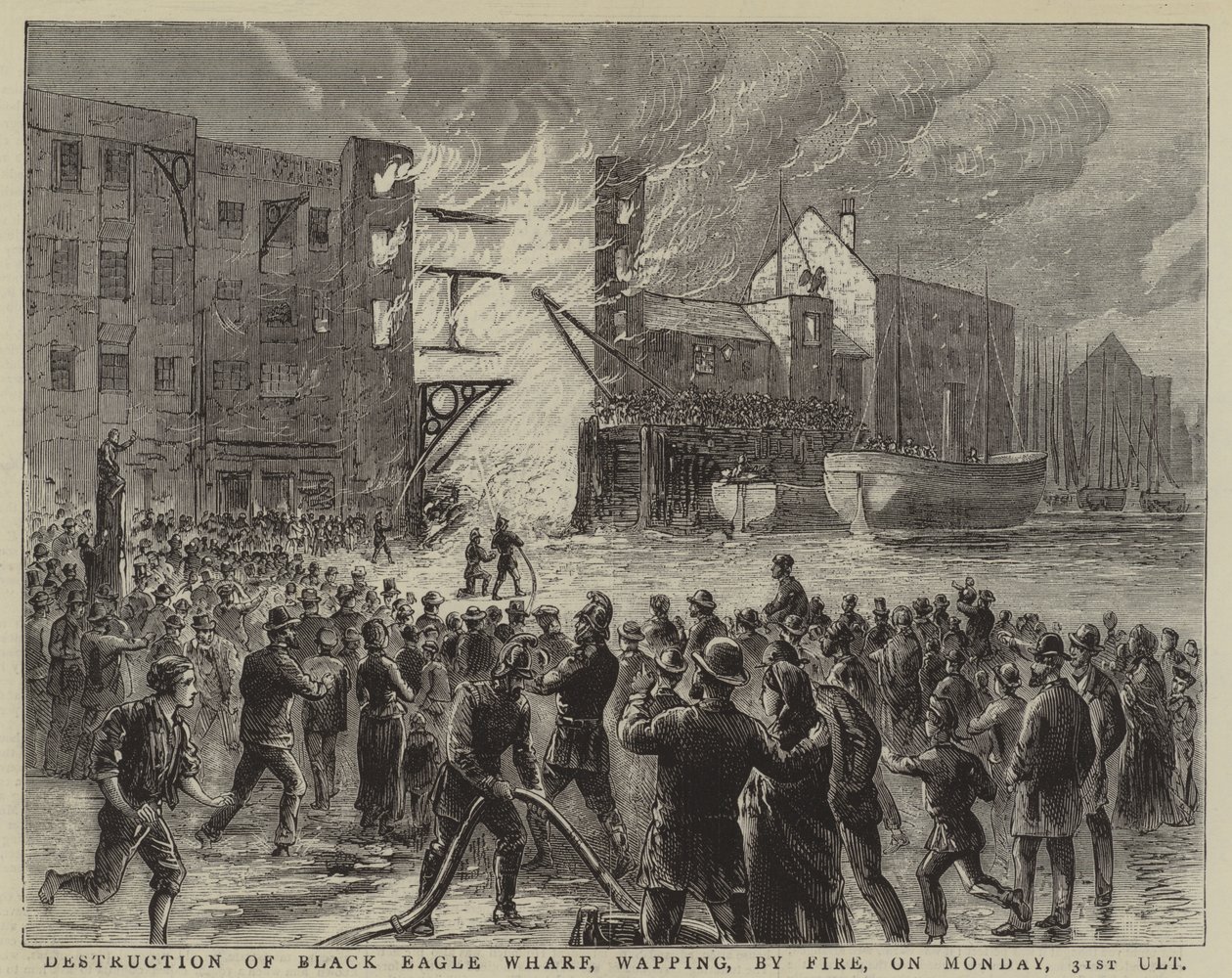 Destruição do cais de Black Eagle, em Wapping, pelo fogo, na segunda-feira, 31 de ulho (gravura) de English School