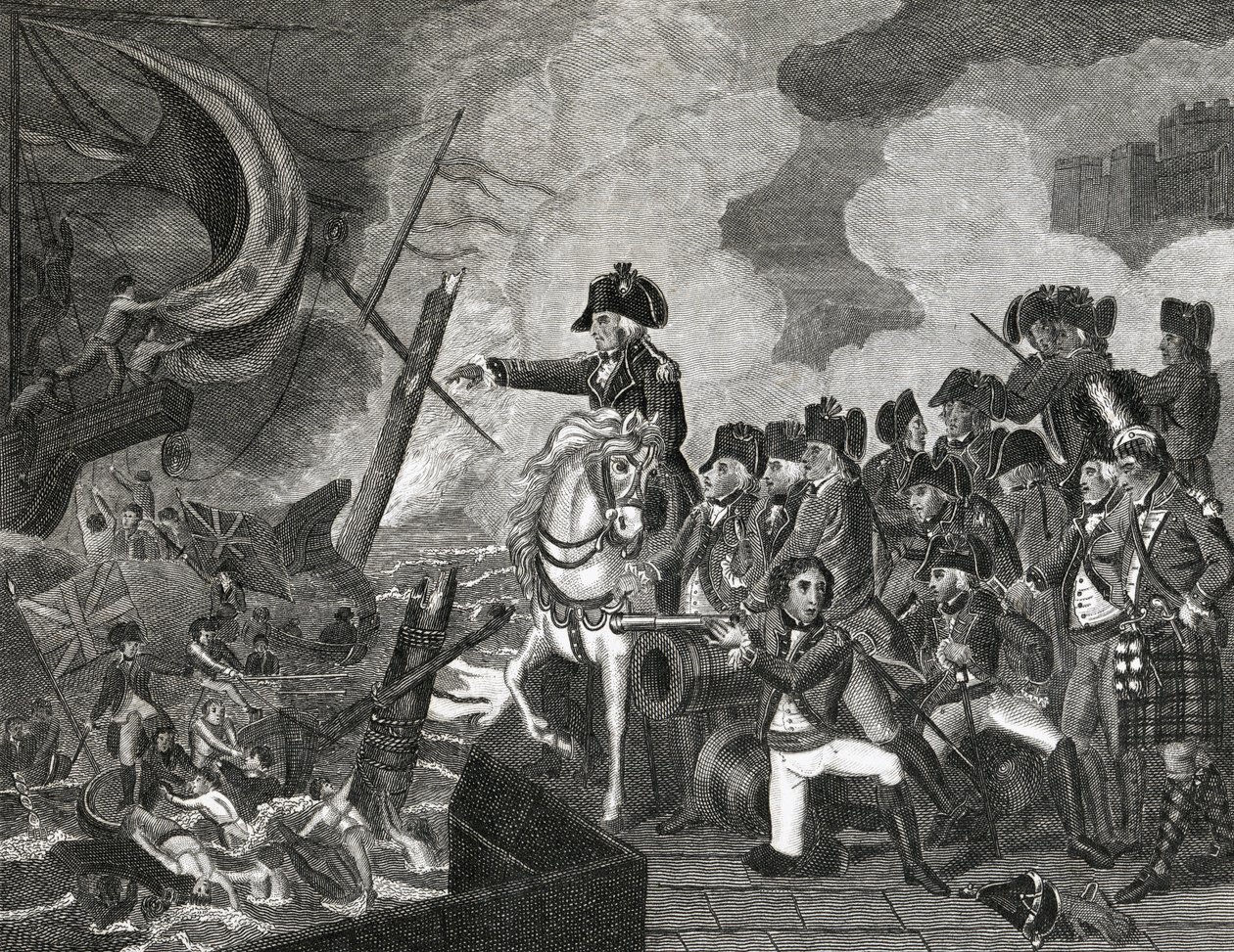 Destruição dos Barcos a Armas Antes de Gibraltar, gravada por H.Cook, 1816 de English School