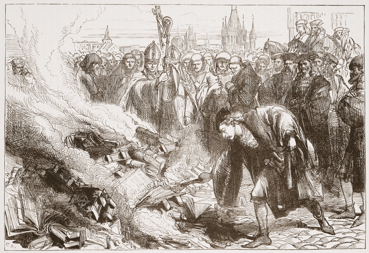 Destruição das obras de Wicliffe em Praga, ilustração da História do Protestantismo por James Aitken Wylie (1808-1890), pub. 1878 de English School