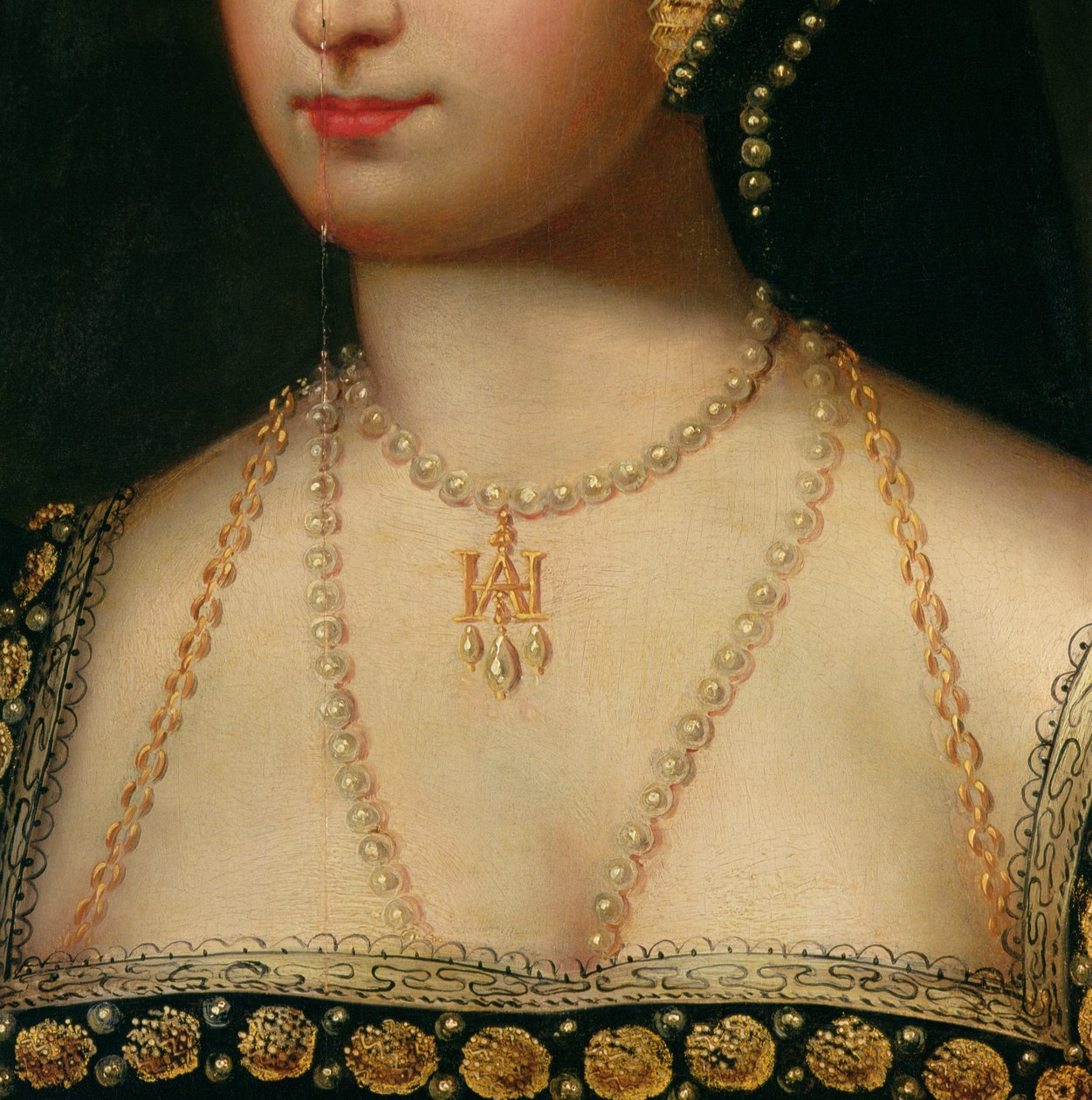 Detalhe de um retrato de Ana Bolena (1504-36) c.1533 (óleo sobre tela) de English School