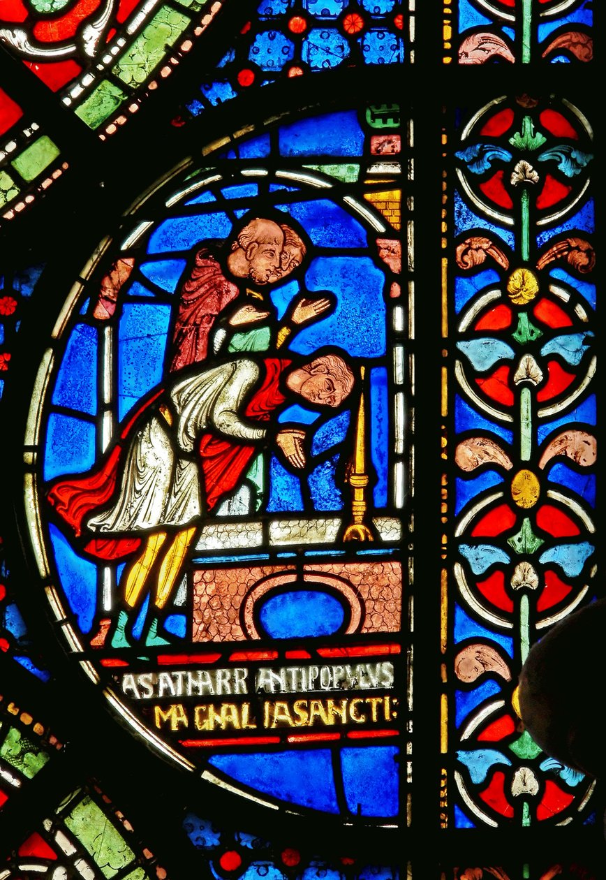 Detalhe da janela do milagre representando Eilward de Westoning dando graças na tumba de Thomas Becket de English School