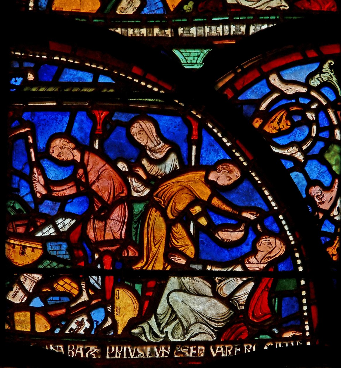 Detalhe da janela milagrosa representando Geoffrey de Winchesters mãe rezando para St. Thomas de English School