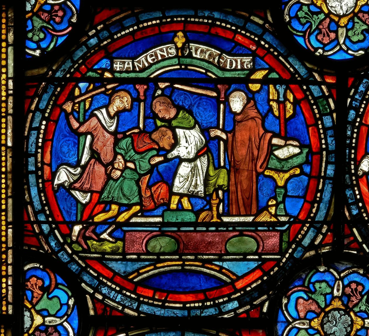 Detalhe da janela do milagre retratando Mad Henry de Fordwich de English School