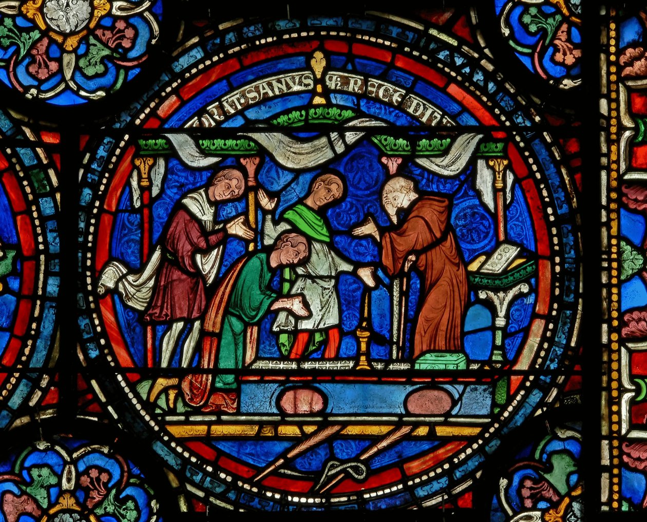 Detalhe da janela do milagre retratando Mad Henry de Fordwich dando graças seguindo sua cura de English School