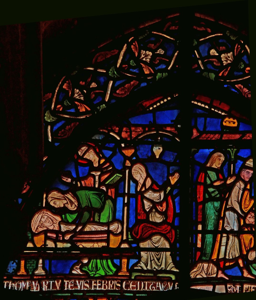 Detalhe da janela do milagre que descreve St. Thomas que aparece ao bebê Geoffrey de Winchester de English School