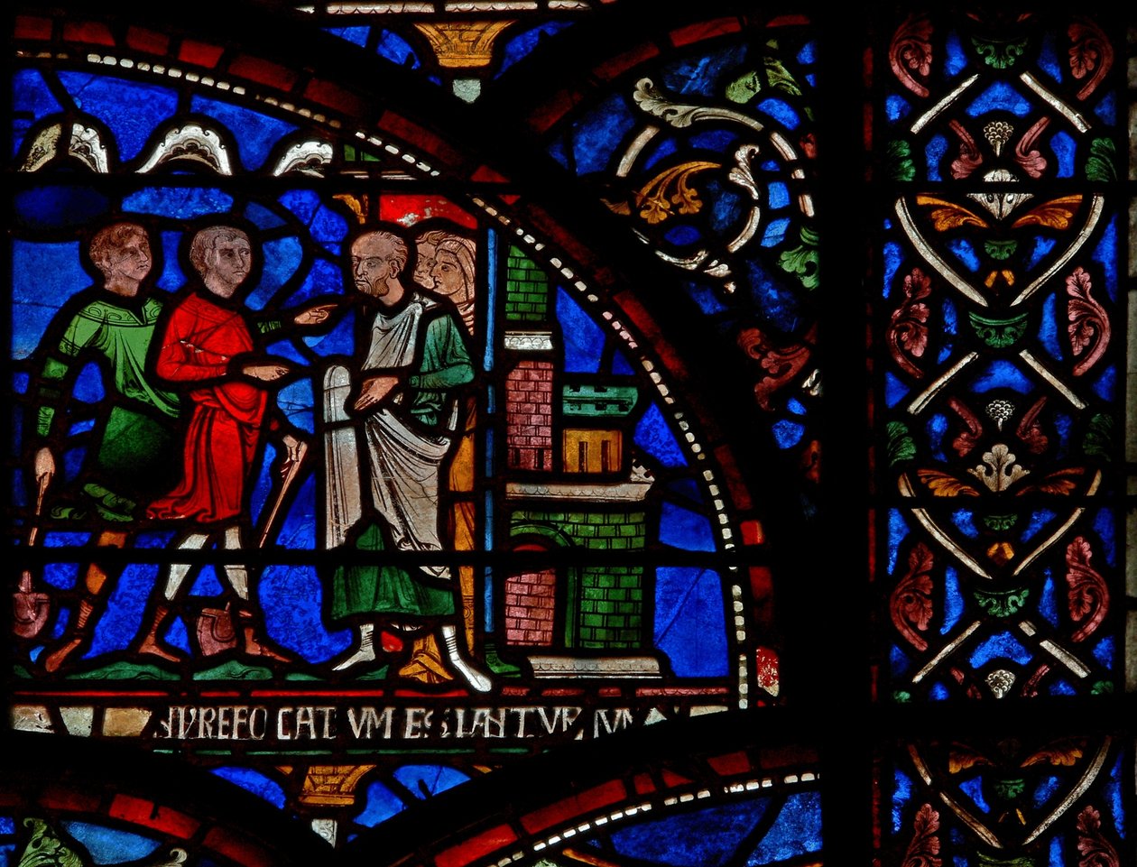 Detalhe da janela do milagre que descreve uma cena do salvamento de William of Gloucester de English School
